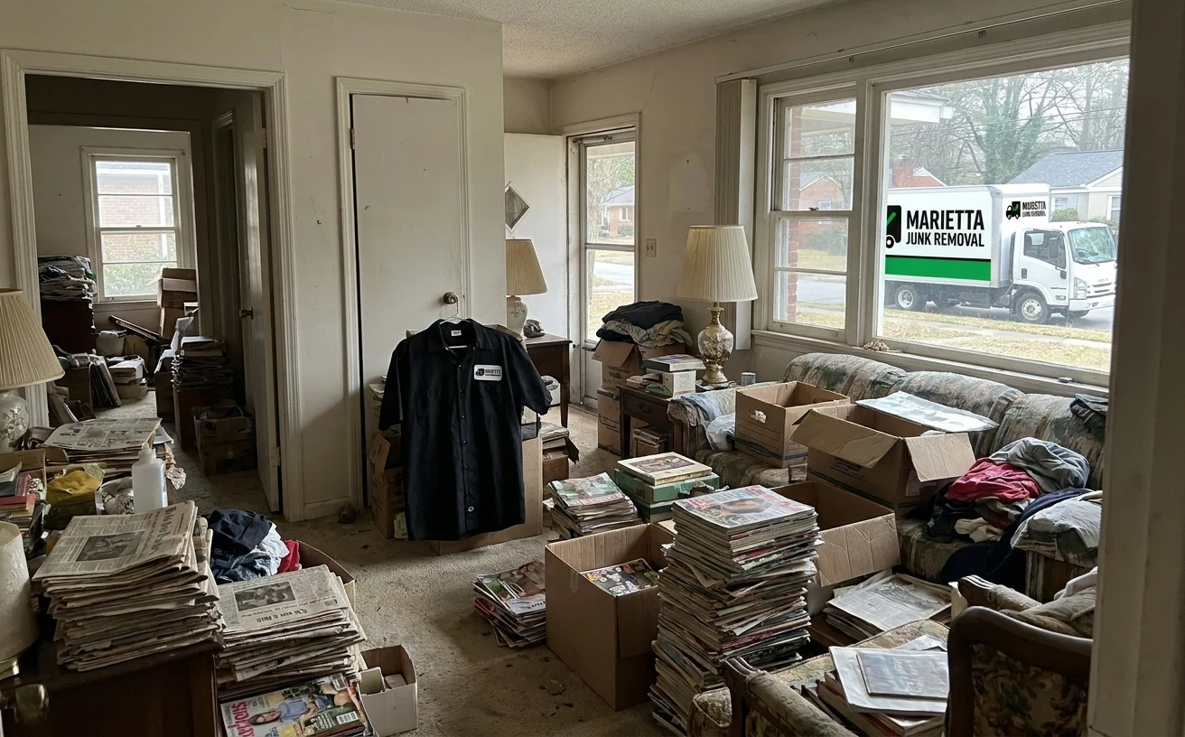 Cluttered room full of boxes and furniture before a Smyrna cleanout