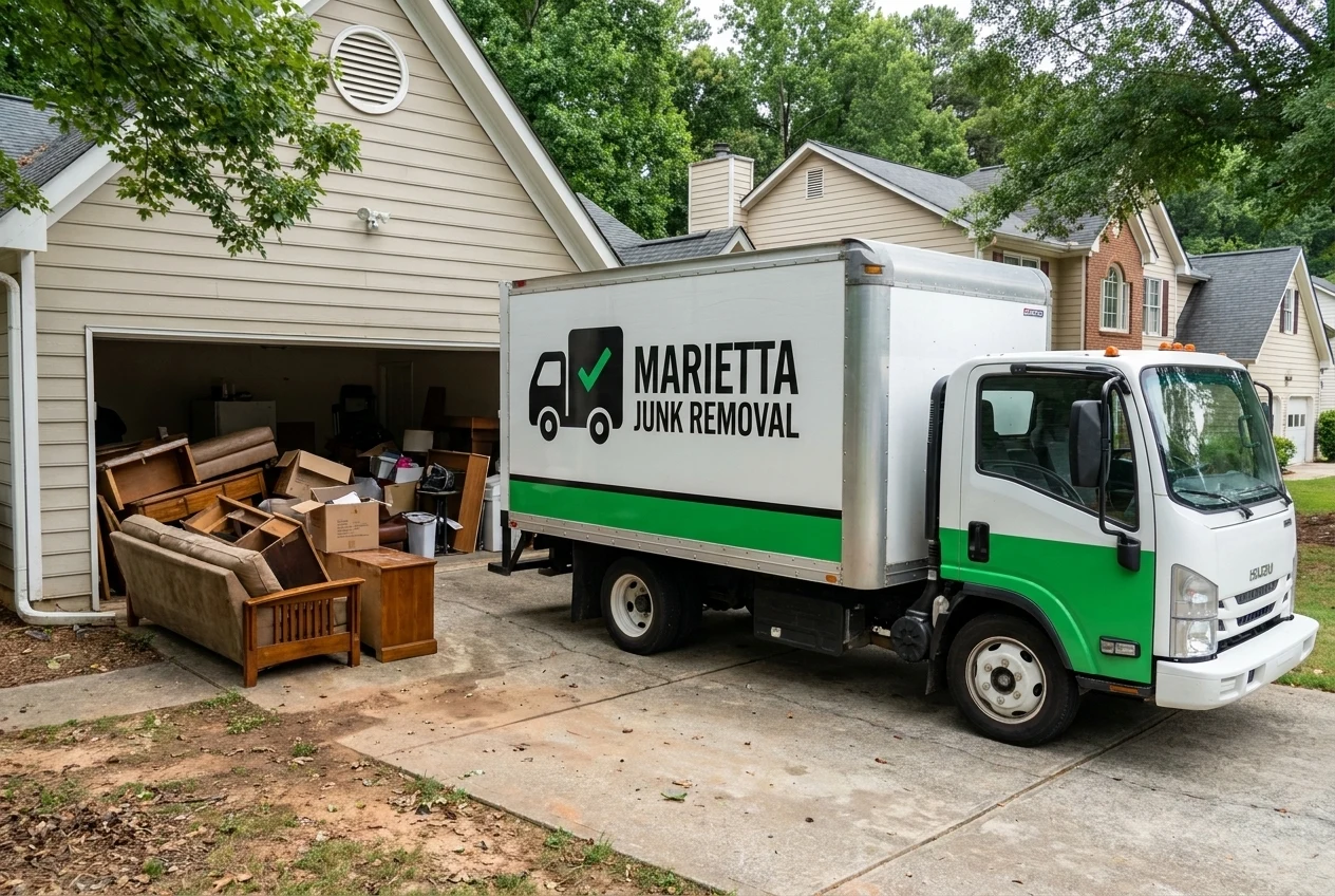 Two-man Marietta Junk Removal crew arriving at a residential driveway with their truck