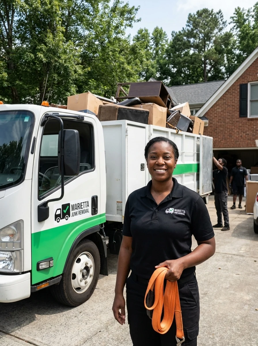 Lead crew member of Marietta Junk Removal holding moving straps beside a loaded truck