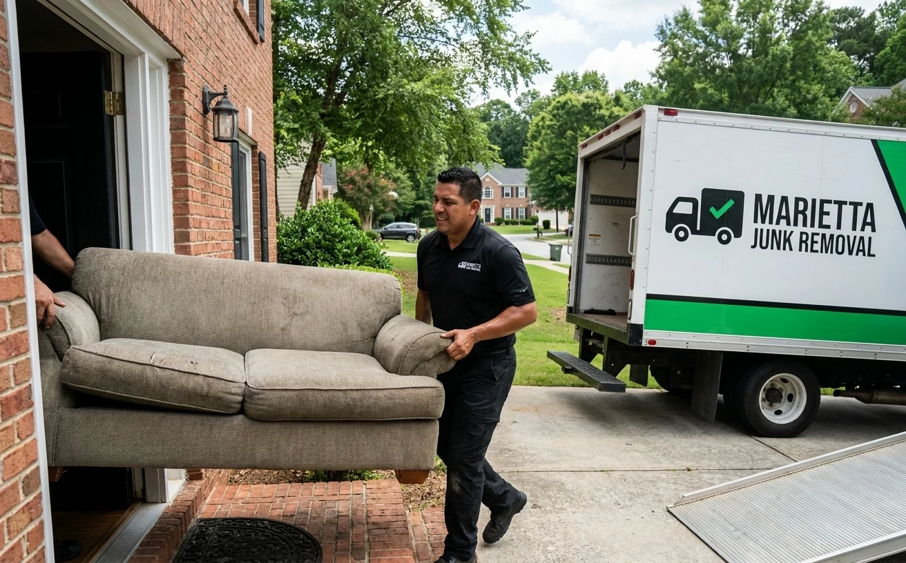 Two-man crew loading an old couch onto a Marietta Junk Removal truck in East Cobb