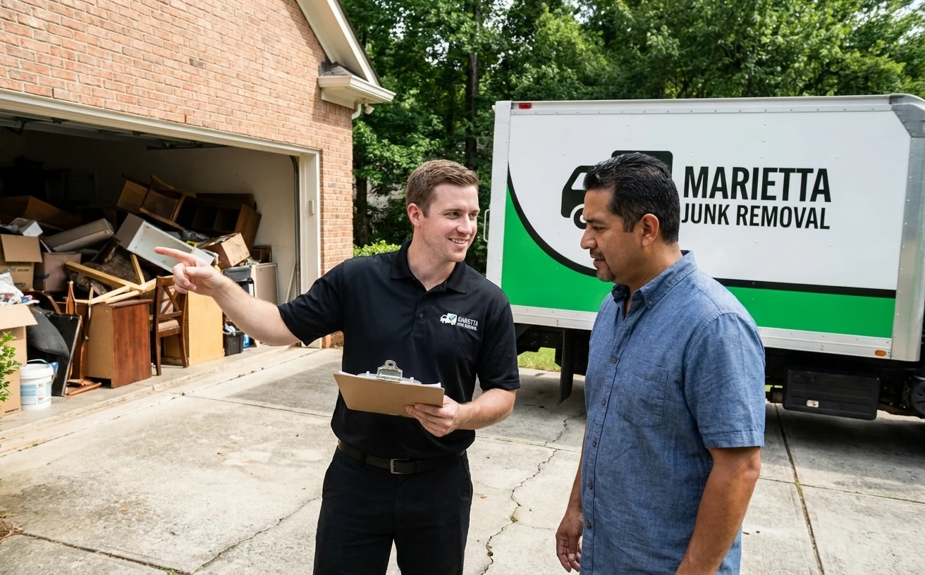 Marietta Junk Removal crew member reviewing a garage full of junk with a homeowner