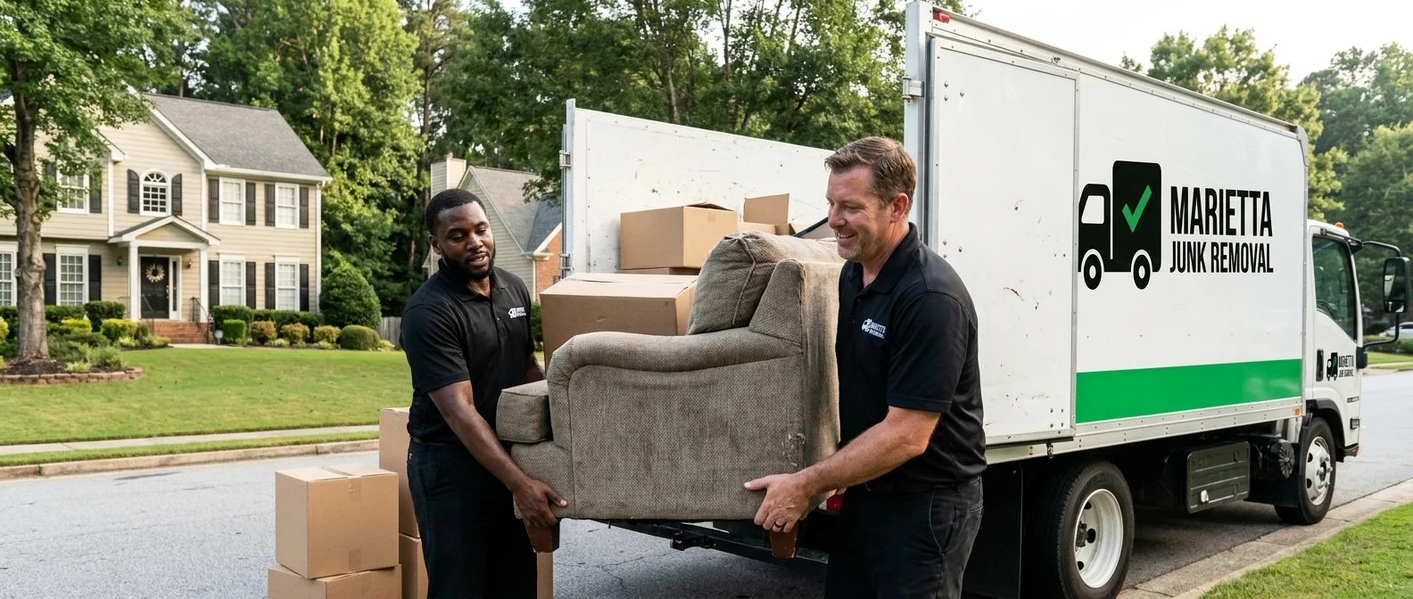 Crew loading furniture and boxes into a Marietta Junk Removal trailer